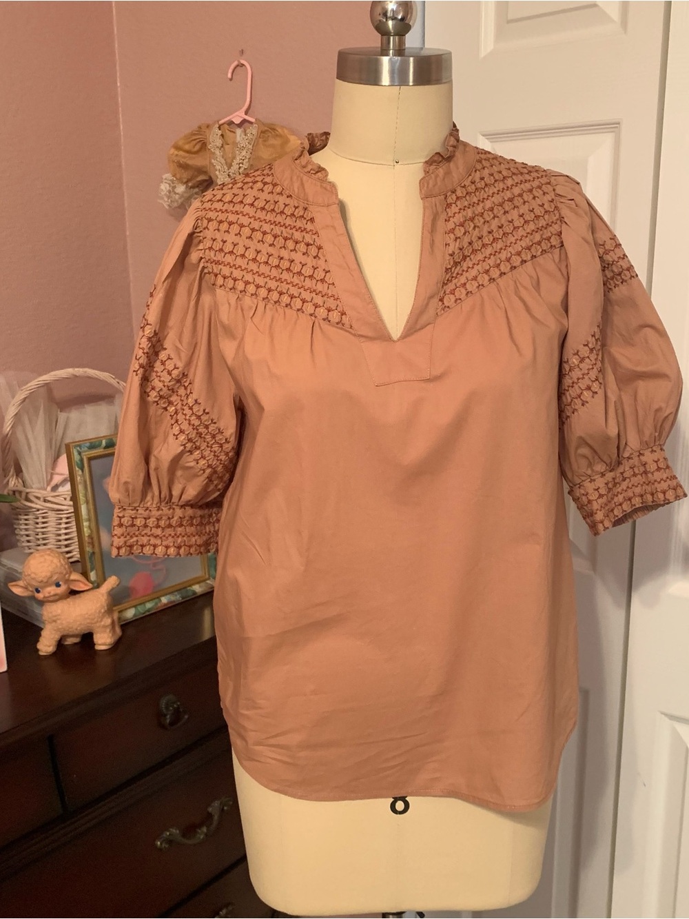 DEMOCRACY Terracotta Smocked Yoke Puff Sleeve Peasant Top